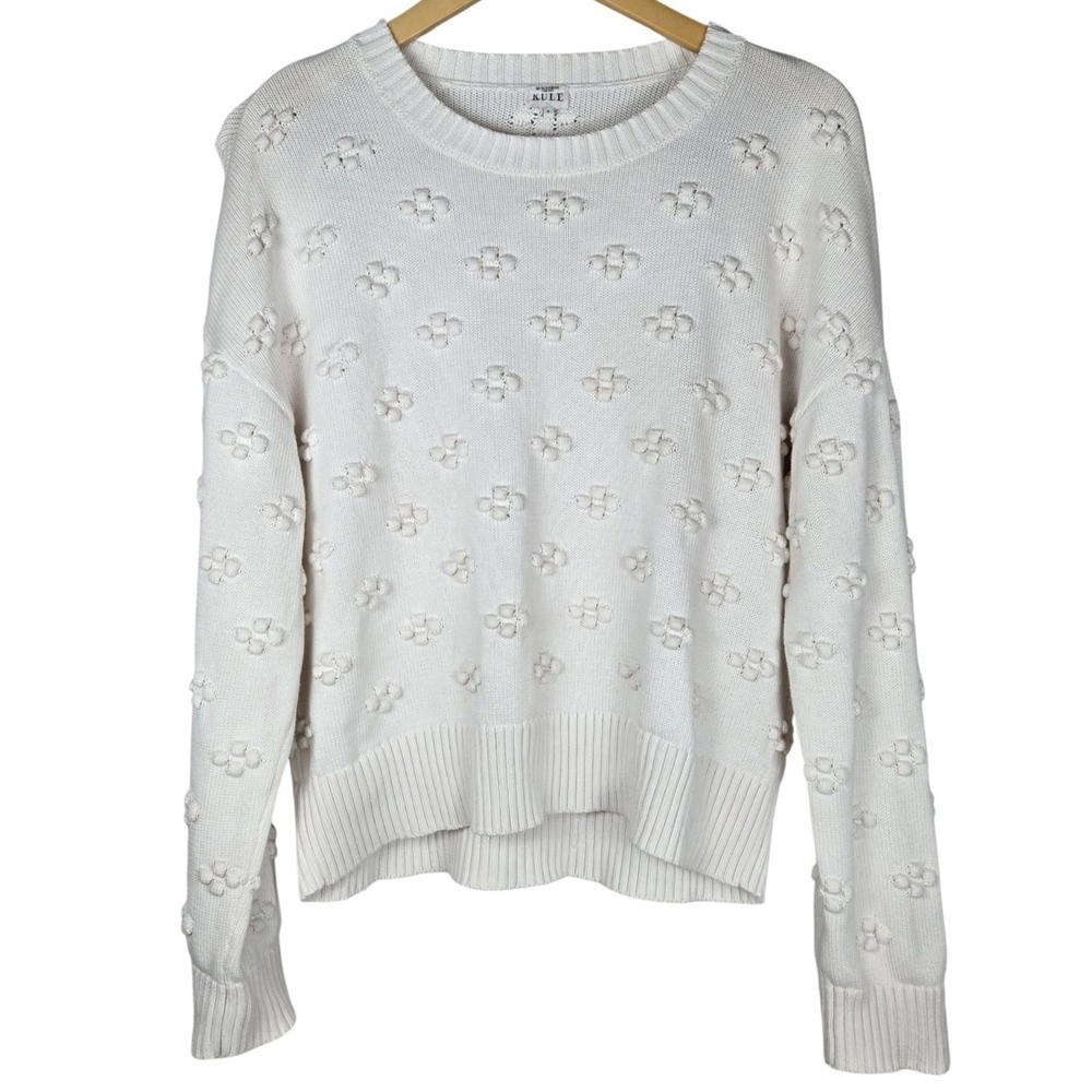 Kule Women White Textured Bobble Knit Cotton Blend Crewneck Sweater Small